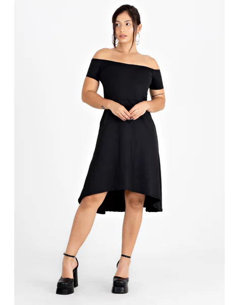 Vestido Feminino Midi Ombro a Ombro Godê Preto | VRP304