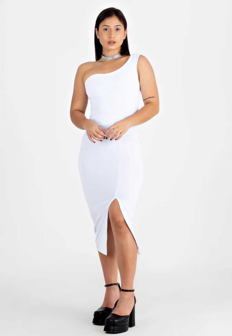 Vestido Midi Tubinho com Fenda e Manga Única Branco | NR22